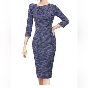 VFSHOW Womens Blue Yarn-Dyed Striped Pleated Asymmetric Bow Neck dress, NWOT